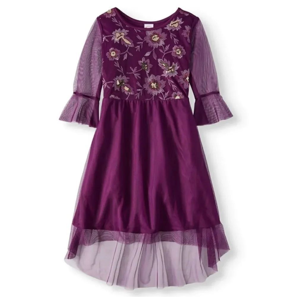 Purple lace floral mesh embroidered formal girls dress long sleeve XL 14-16